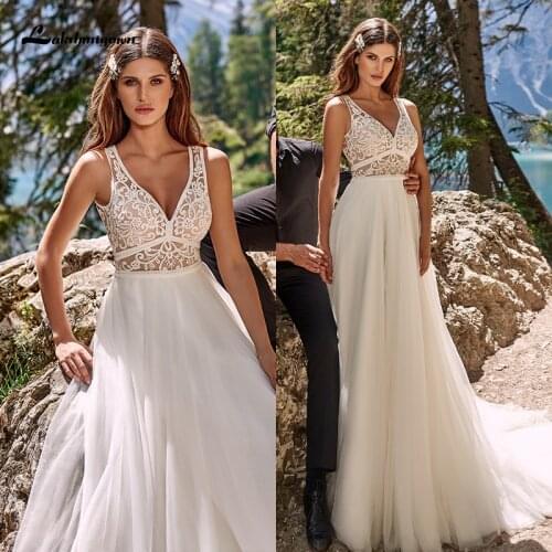 Lakshmigown Bohemian Lace Wedding Dress 2021 Elegant V-neck Beach Boho Bridal Gowns Custom Made vestido de novia Sleeveless