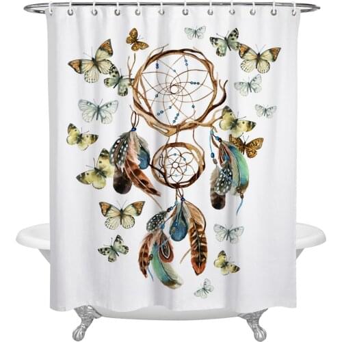 Dream Catcher Feather Butterfly White Shower Curtains Bathroom Curtain Waterproof Polyester Frabic Bathroom Curtain with Hooks