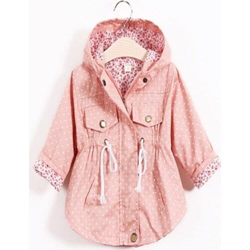 Girls Hooded Long Sleeve Sweet Dot Decor Waist-Closing Zipper Closure Outwear Jacket Coats Casual Fashion Trench Coats