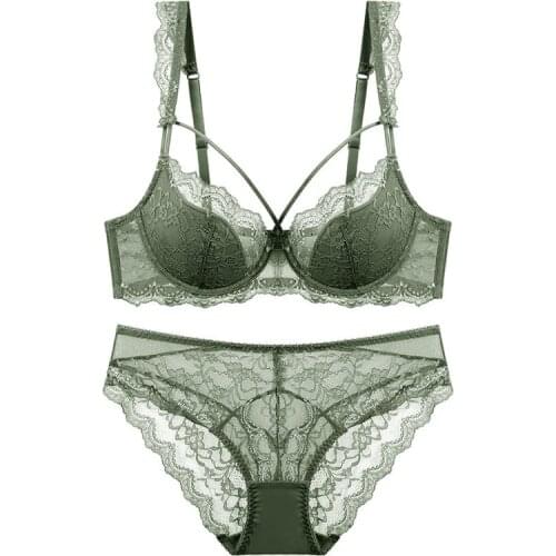 2021 New Thin Lined Plus Size Lace Bra and Panties Set Underwear with Bandage Women Push Up Lingerie A B C D E Cup 95C 95D