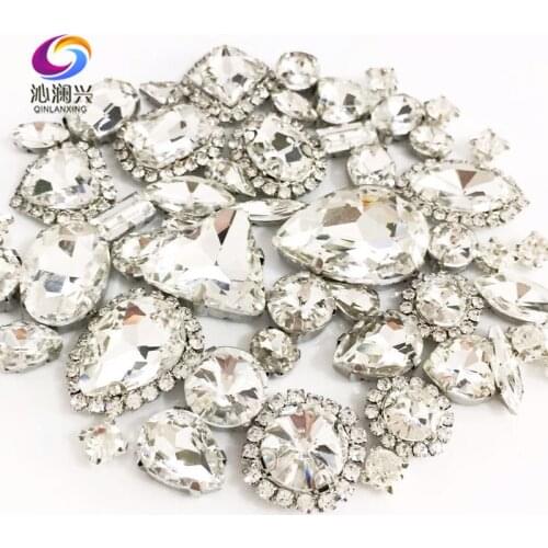 New product! 50pcs/bag White Mix shape mix size Crystal buckle+claw rhinestone,Silver base galss sew on stones diy/wedding dress