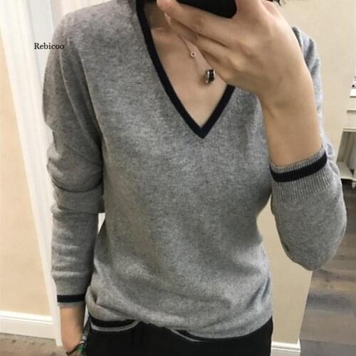 Autumn and winter cashmere sweater female V-neck pullover loose long-sleeved sweater large size knit bottoming shirt