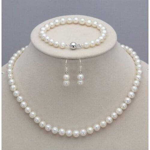 New 7-8mm Natural Freshwater Pearl Necklace Bracelet Earrings Set AAA