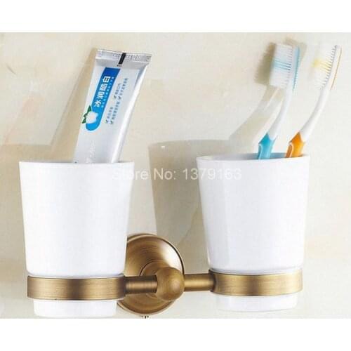 Retro Antique Bronze Vintage Brass Bathroom Bath Tumbler Holder with Double Ceramics cup Wall Mount aba145