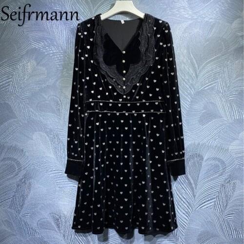 Seifrmann New 2021 Autumn Women Fashion Designer Party Mini Dress Lantern Sleeve Heart Printed Ladies High Waist A-Line Dresses