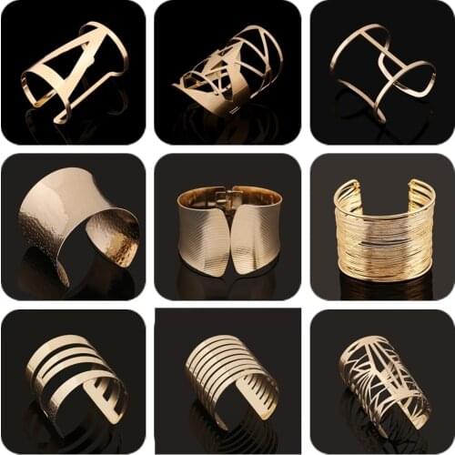 Gold Silver Color Hollow Wide Cuff Bracelets Bangles For Women Men Punk Geometric Alloy Open Big Bangle Bracelet Fashion Jewelry