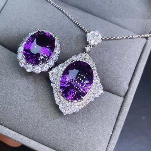 S925 Silver Natural Amethyst Jewelry Sets for Women Party Necklace and Ring Fine Jewelry Real Violet Crystal Gifts 12*16MM
