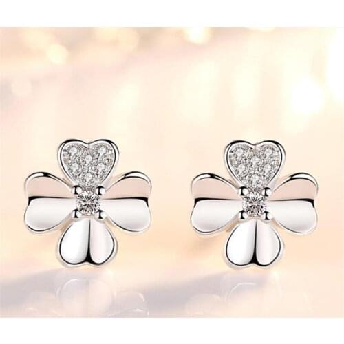 New Fashion Silver Plated Earrings For Girl Party Accessories Trendy Crystal Clover Female Stud Earrings Women Gift