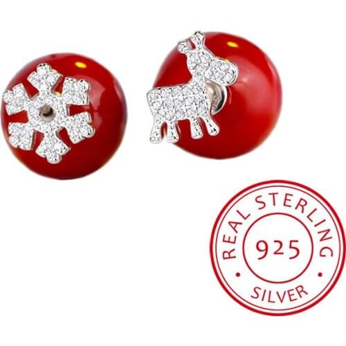 925 Sterling Silver Christmas Jewelry Micro CZ Elk Deer Snowflake Red Pearl Earrings For Women Girl S-E486