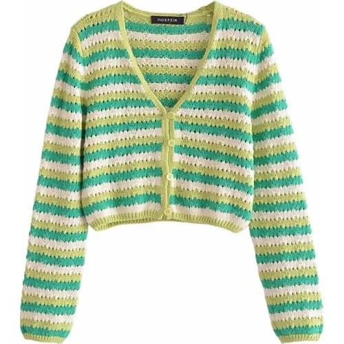 Za Women Fashion Stripe Color Matching Knitted Cardigan Vintage Long Sleeve Hight Waist Short Sweater XITIMEAO