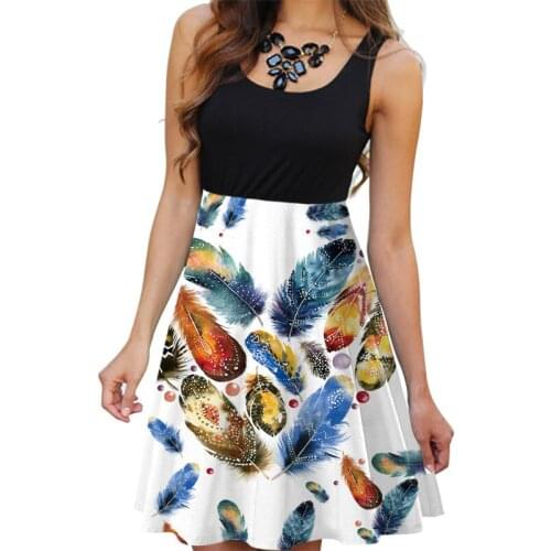 Women Dress Fit And Flare Sleeveless Knee Length Casual Feathers Print Pullover Camisole Knitting Dresses