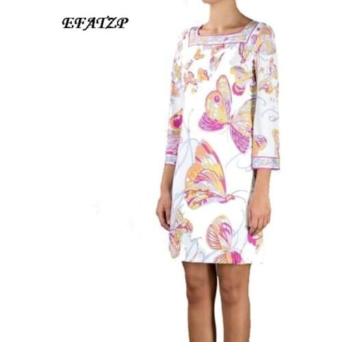 Ladies' Famous Italian Brands White butterfly flower Print Square Collar 3/4 Sleeves Jersey Silk Dress Loose Casual Dress,XXL