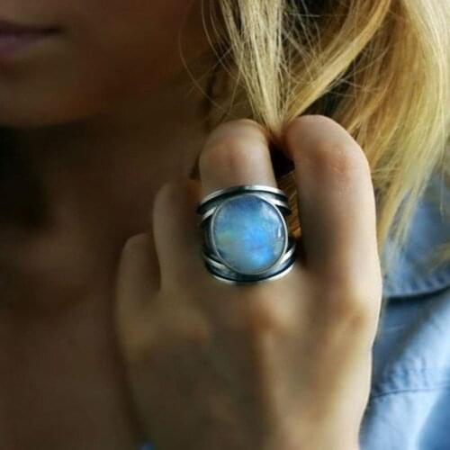 2020 new inlaid color moonstone ring, exaggerated retro epoxy ring women in Europe and America
