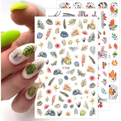 3D Summer Charms Flowers Maple Leaf Nail Foils Stickers Watercolor Abstract Floral Decals Sliders Manicures Nail Art Decorations