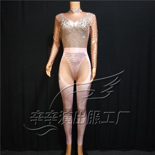 Shining Rhinestones Costumes Long Sleeves Sexy Jumpsuit Women Party Rompers Spandex Outfit Evening Female Singer Dance Bodysuit