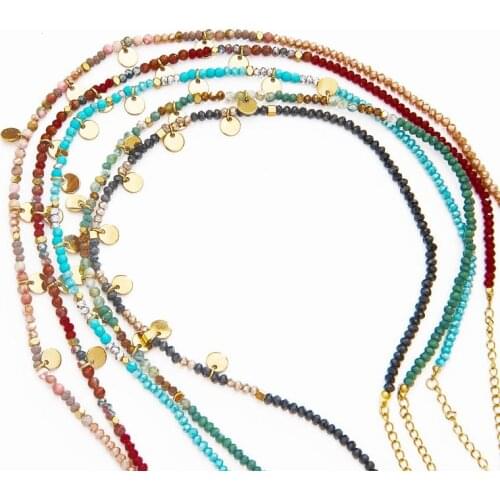 Boho Handmade Colorful Crystal Natural Stone Beads Chain Small Round Coin Disc Pendant Choker Necklace For Women Vintage Jewelry