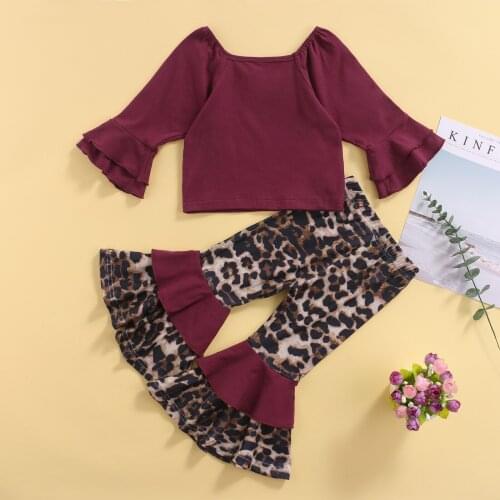 2-7 Years 2pcs Kids Autumn Outfits, Solid Color Flare Sleeve T-shirt + Leopard Print Bell-bottom Pants for Little Girls