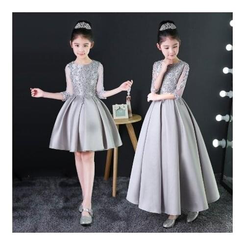 Appliques Kids Girls Formal Dress Silver Princess Dress Birthday Costume Birthday Party Cosplay Costume gifts