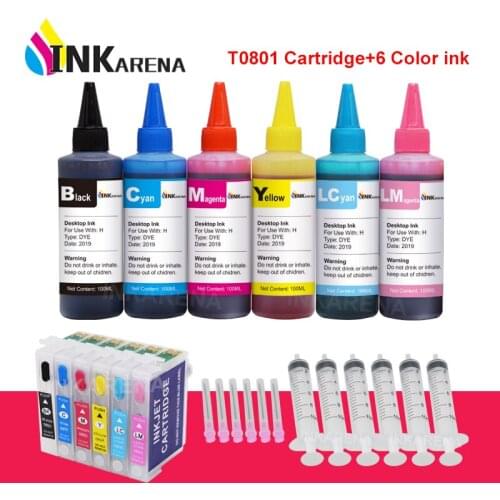 INKARENA 6×100ml Bottle Dye Ink + T0801 Refillable Printer Ink Cartridge For Epson Stylus 730WD 800FW 810W 820FWD 830FWD TX659
