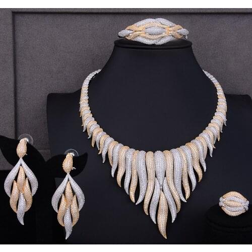 KellyBola 4PCS Delicate Pillar Cluster Nigerian Wedding Cubic Zirzonia Collar Necklace Earrings Bracelet Ring Jewelry Set