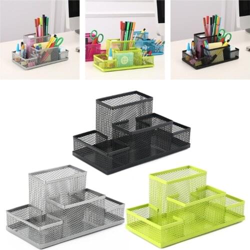 Metal Wire Mesh Pen Holder Pencil Container 4 Divided Compartments Desktop Accessory Stationery Organizer Storage Basket B03E
