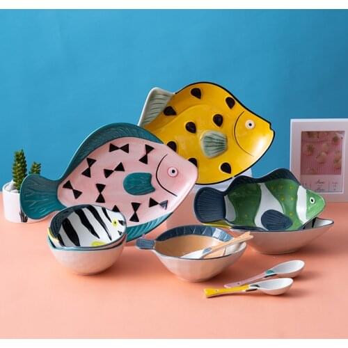 Cute Cartoon Ceramic Breakfast Plate Fruit Cake Dessert Dish Kitchen Dishes Soy Sauce Dish Dinner Plates Fish Shaped Ramen Bowl