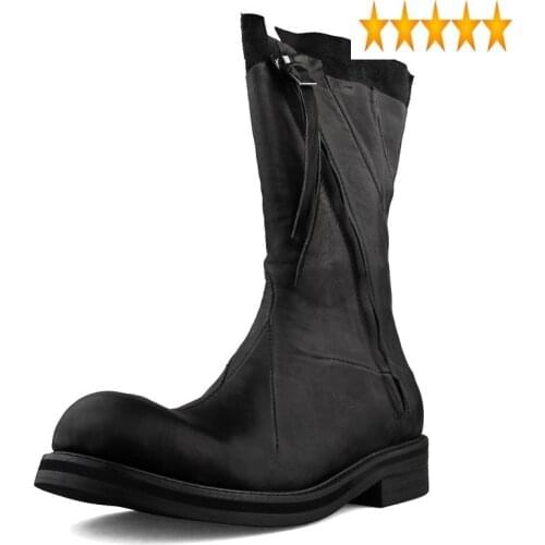 Genuine High Quality Designer Asymmetrical 100% Leather Men Punk Black Cowboy Shoes Fashion Mens Biker Long Boots 35-46