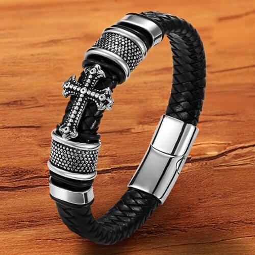 Luxury Charm Multilayer Magnetic Buckle Black Genuine Leather Men Bracelet Cross Jewelry Handmade Punk Gift For boy friend