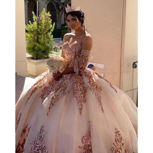 Rose Gold Puffy Skirt Quinceanera Dresses with Remove Long Sleeve Lace-up Corset Top Sparkly Lace Sequins Vestidos de 15 años