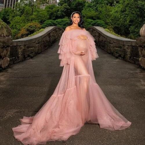 Pink Maternity Gowns for Photoshoot Off the Shoulder Pluffy Women Maternity Dresses Babyshower Evening Party Wear