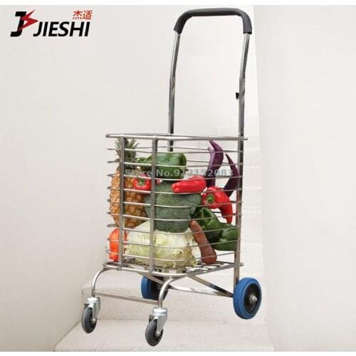 Supermarket Shopping Cart Stainless Steel Two-wheeled Foldable Grocery Shopping Cart Small Pull Rider Trailer Portable Household