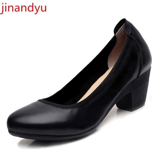 Genuine Leather Chunky Heels Pumps Women Shoes 42 43 Big Size Heel Office Wear Fashion Shallow Brown Apricot Black Kitten Heels