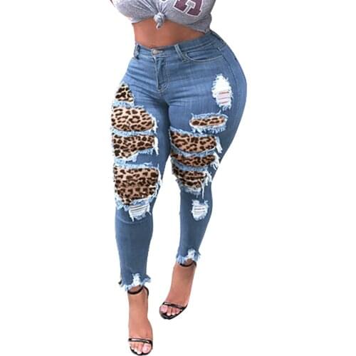 Womens pants Button High Waist Pocket Leopard Hole Jeans Trousers Slim Denim Pants jeans women fashion harajuku 2021