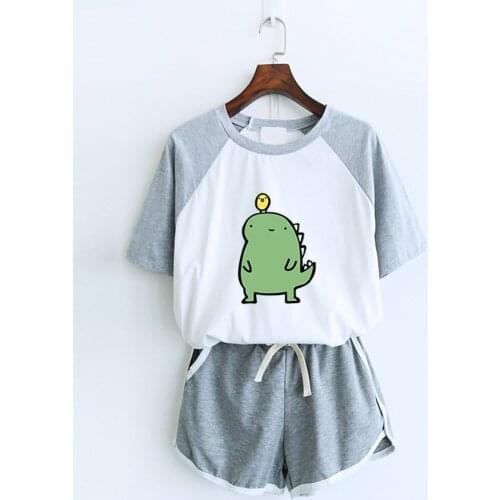 Womens Summer Shorts suits cute dinosaur Print Short Sleeve T SHIRT Pocket Shorts Home Sports Set Ladies Pajama Set Pyjama