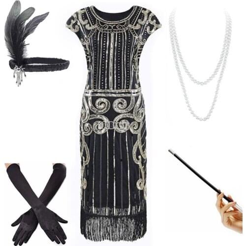 Womens Flapper Dresses 1920s Beaded Fringed Great Gatsby Dress w/Accessories Set xs-xxl