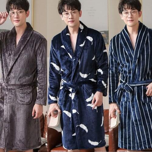Winter Thicken Warm Men Flannel Kimono Robe Nightgown Bath Gown Sleepwear Male Nightwear Long Bathrobe Home Wear Flannel