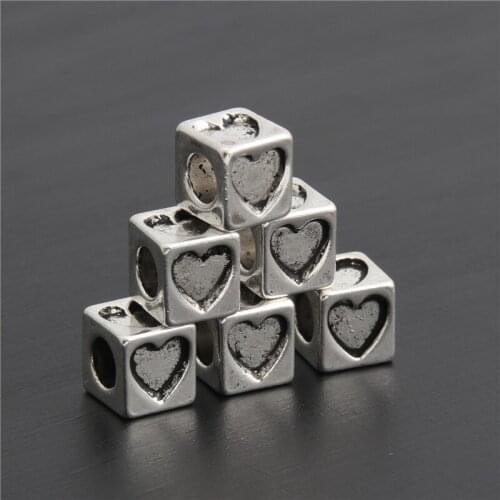 20pcs Dropshipping Silver Color Heart Charms Beads Hearts Big Hole Spacer Beads Heart European Big Hole Beads 7x7x7mm A3015