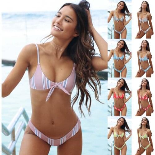 2019 Sexy Strip Bikinis Women Swimsuit Padded Beach Wear Halter Bikini Set Push Up Swimwear Plus Size Bathing Suit Swimming