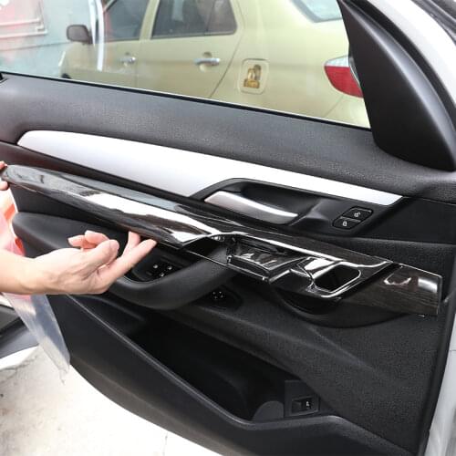 Inner Door Panel Decoration Protection Cover Trim For BMW X1 F48 2016-2019 Black Wood Grain Plastic Car Accessories 4 Pcs