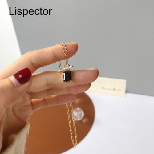 Lispector 925 Sterling Silver Korean Black Zircon Square Pendant Necklace for Women Minimalist Chain Necklaces Female Jewelry