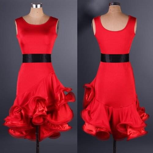 Custom custmize red black belt spiral fishbone latin Rumba cha cha salsa tango one-piece dance dress competition wear S-XXXL