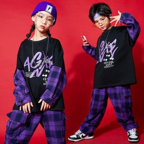 Spring Autumn Children Hip Hop Clothes Fashion Jazz Dance Costumes Plaid T-shirt Pants Suit Performance Clothing Rave Clothes