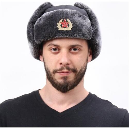 Hot Unisex Soviet Badge Lei Feng Hat Windproof Bomber Hat Faux Fur Ear Flap Caps Black Ski Trooper Trapper Cold Anti Snow Hats