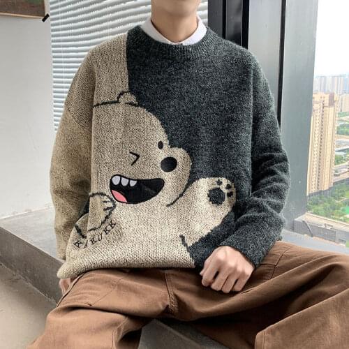 Cute Knitted Pullover Jumper Sweaters Streetwear Casual Cartoon Hip Hop Long Sleeve Knitwear Sweater Men Autumn Bear Tops Male