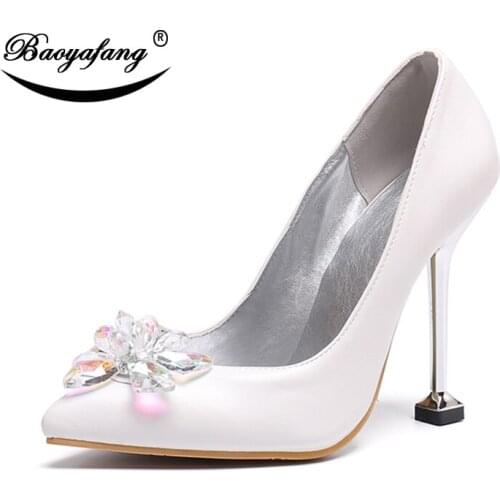 BaoYaFang 11cm High heels pointed Toe Fashion Shoes crystal Flower Wedding shoes Bride Thin Heel Ladies Single shoe Metal heel