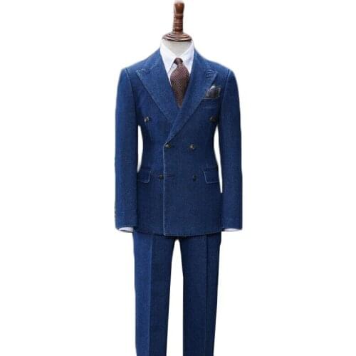 Demin Oxford Men Suits Blue Handsome Double Breasted Custom Made Man Suits Casual Modern Tuxedos Peaked Lapel Blazer Business