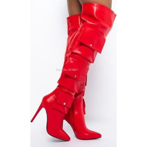 New Red Leather Pocket Decor Woman Long Boots Sexy Pointed Toe Stiletto Heel Knee Boots Lady Fashion Winter Boots Dropship