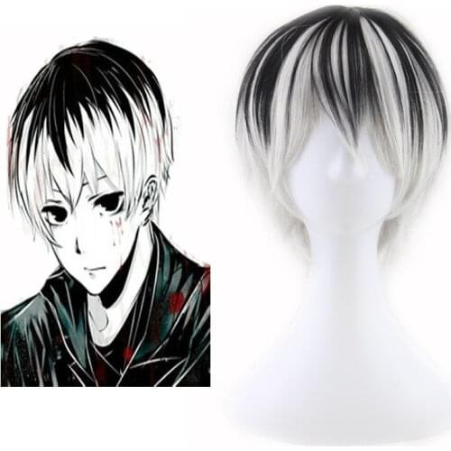 New Cosplay Tokyo Ghoul Kaneki Ken Wig Short Straight Black Grey Synthetic Hair Cosplay Anime Wigs Heat Resistance Fiber