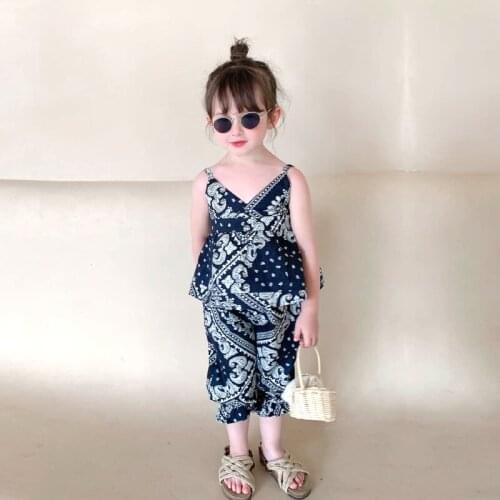 Girls clothes summer two sets fashion Retro Ethnic style Camisole + Seven trousers leisure vacatio Bebei Quality childr clothing