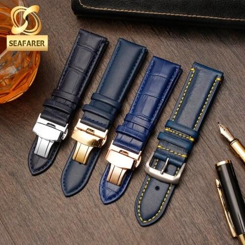 Genuine Leather Watch Strap Mens Blue Cow Leather Watchband for Rossini Citizen Blue Angel Tissot Watch Bracelet 22mm